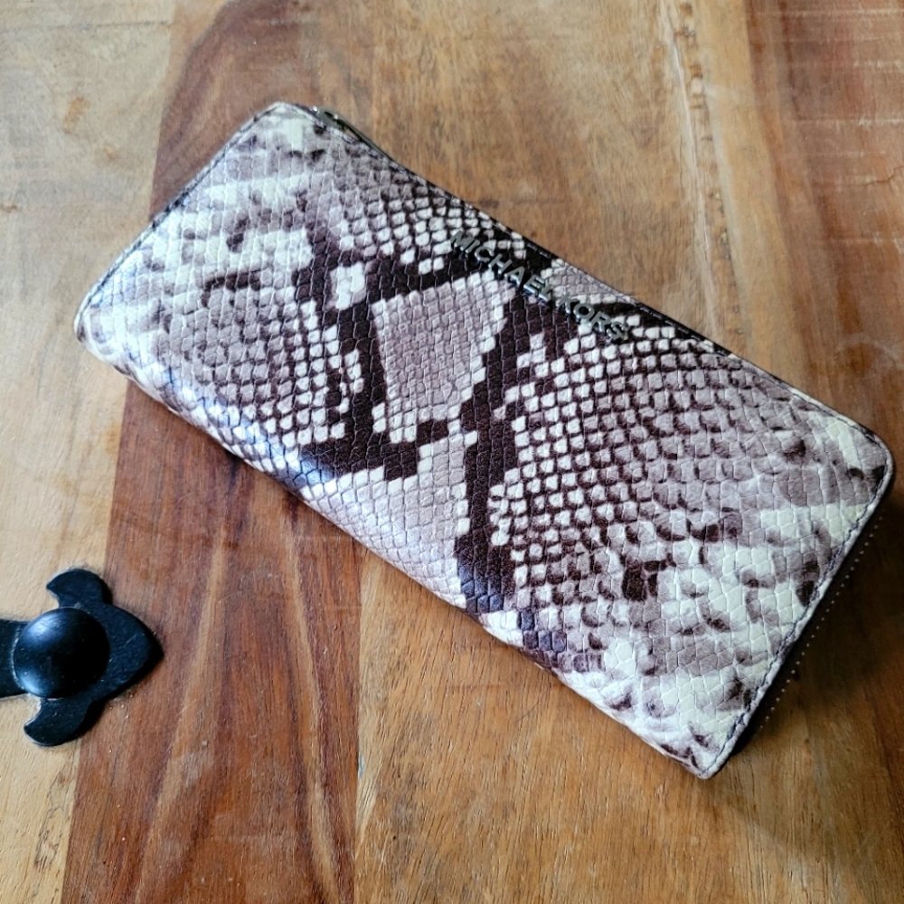 Michael Kors Python-Print Zip Wallet in Gray and Cream